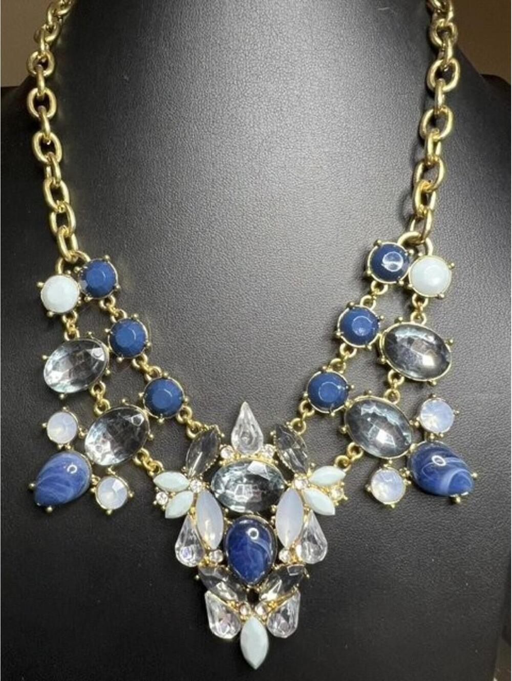 B4704 LOFT Statement Bib Necklace Gold Tone Blue Clear White Gemstone Adjustable